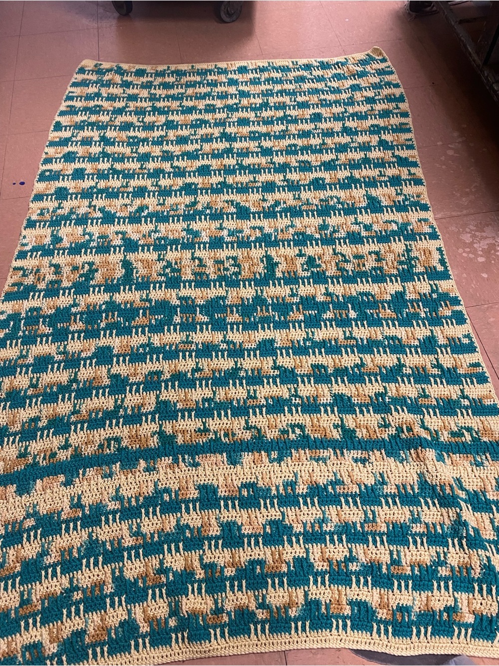 Handmade Teal and Cream large Crochet Blanket